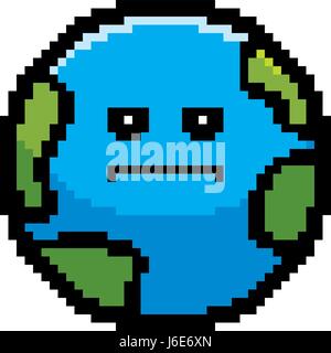 An illustration of a planet earth looking serious in an 8-bit cartoon style. Stock Vector