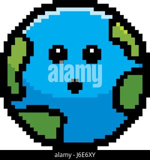 An illustration of a planet earth looking surprised in an 8-bit cartoon style. Stock Vector
