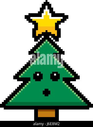 An illustration of a Christmas tree looking surprised in an 8-bit cartoon style. Stock Vector