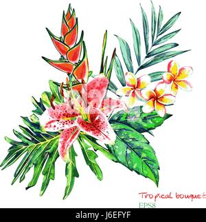 Tropical bouquet. Exotic flowers of lily, plumeria and heliconia with rain forest palm and monstera leaves. Handmade watercolor, isolated on white bac Stock Vector