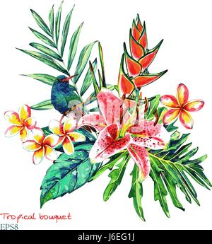 Tropical bouquet. Watercolor exotic plants: flowers of heliconia and plumeria, pink lily, palm branch and hummingbird. Isolated on white background. T Stock Vector