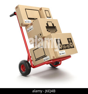 Sale and delivery of computer technics concept. Hand truck and cardboard boxes with PC, laptop, computer monitor and printer isoolated on white. 3d il Stock Photo