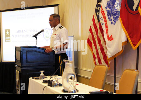 Lt. Gen. Michael Garrett, commanding general, U.S. Army Central, gives the opening remarks to the 2017 Senior Strategy Session in Tyson’s Corner, Va., May 2, 2017. In his remarks, Garrett spoke on the importance of drawing from the lessons learned at the symposium to help USARCENT and its partner nations find solutions to their mutual security concerns. Stock Photo