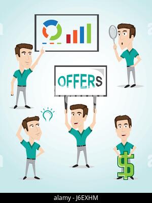 businessman character with various poses and actions , searching by magnify glass, Indicate to business screen, thought in new ideas,. Stock Vector