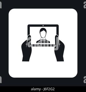 Man taking selfie using tablet icon, simple style Stock Vector