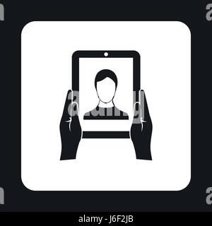Man taking photo using tablet icon, simple style Stock Vector