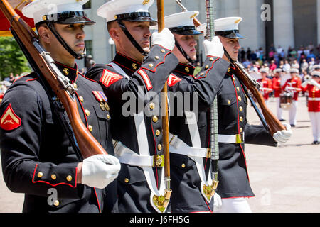 The U.S. Marine Corps Color Guard marches off the colors during a Battle Color Ceremony at the Ohio Statehouse, Columbus, Ohio, May 16, 2017. The Marine Corps Battle Color Detachment was invited and hosted by the Speaker of the Ohio House of Representatives, Clifford A. Rosenberger, to tour the Statehouse and perform for members of the House of Representatives and the city of Columbus. In December, the Barracks provided Marines in supporting the public viewing of former Marine, Senator and astronaut, John Glenn, at the Statehouse. In attendance at the Battle Color Ceremony was Glenn’s widow, A
