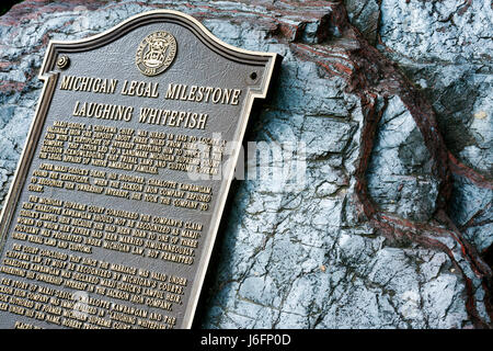 Michigan Upper Peninsula,U.P.,UP,Lake Superior,Pictured Rocks National Lakeshore,Munising Falls Trail,plaque,memorial,iron ore rock,Great Lakes,metal Stock Photo