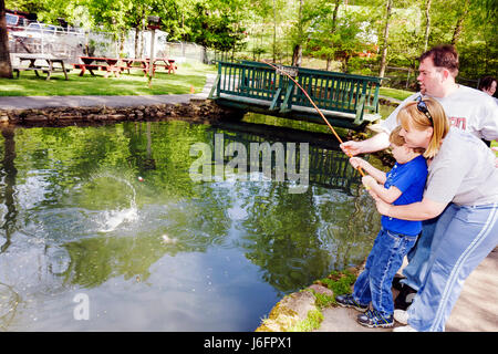 Sevierville Tennessee,Smoky Mountains,English Mountain Trout Farm and Grill,catch,eat,rainbow rainbows trout,family families parent parents child chil Stock Photo