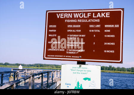 Kenosha Wisconsin,Kansasville,Richard Bong State Recreation Area,Vern Wolf Lake,fishing,sign,logo,regulations,season,species,limits,natural resources, Stock Photo