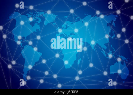 Distributed ledger technology , blockchain connect icons and world map with blue background ,cryptocurrencies or bitcoin concept. blue tone Stock Photo