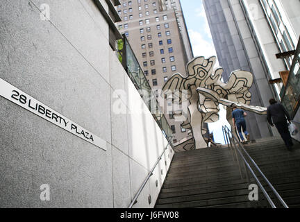 (170520) -- NEW YORK, May 20, 2017 (Xinhua) -- A man walks at 28 Liberty Plaza, a property purchased by Chinese investment company Fosun in downtown Manhattan, New York, the United States on May 15, 2017. 28 Liberty Street in the downtown Manhattan Financial District, formerly known as One Chase Manhattan Plaza, now houses U.S. headquarters of Fosun, a Chinese investment company. Fosun purchased the building from J.P.Morgan for $725 million U.S. dollars in 2013 and renamed it as 28 Liberty. Fosun has made a total of 3 billion dollars investment in the United States since 2012, supporting about Stock Photo
