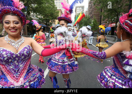 NEW YORK, NEW YORK - MAY 20: Performers demonstrate a traditional Bolivian dance style during the 11th Annual Dance Parade on West 8th Street in Greenwich Village on May 20, 2017 in New York City, USA. (Photo by Sean Drakes/Alamy Live News) Stock Photo