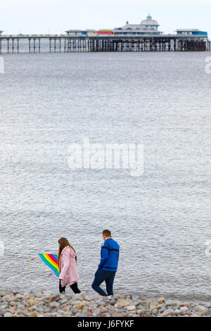 A couple walking along the pebbled seafront at Llandudno with the pier in the distance holding a kite with very little wind to fly it, North Wales, UK Stock Photo