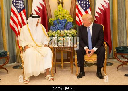 U.S. President Donald Trump during a bilateral meeting with the Emir of Qatar Sheikh Tamim bin Hamad Al Thani at the Ritz-Carlton Hotel May 21, 2017 in Riyadh, Saudi Arabia. Trump held the meeting on the sidelines of the Gulf Cooperation Council Summit. Stock Photo