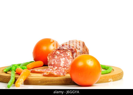 vegetable tomatoes tomatos shelf wooden board salami sausage snack time green Stock Photo