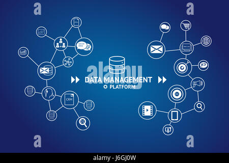 Data Management Platform (DMP) concept. Infographic , texts and icons on blue blue background. Marketing and crm concept Stock Photo