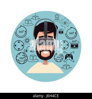 young man virtual reality using helmet headset interactive digital Stock Vector