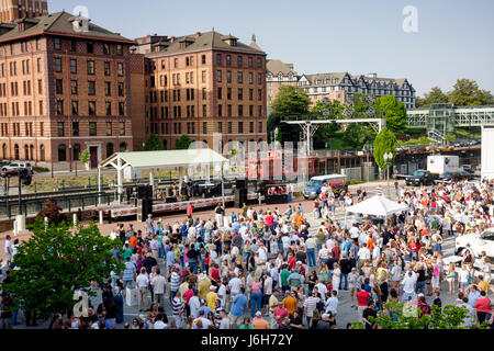 Roanoke Virginia,Railside Stage,First Fridays,downtown,street Festival,festivals,celebration,fair,crowd,aerial overhead from above view,historic Hotel Stock Photo