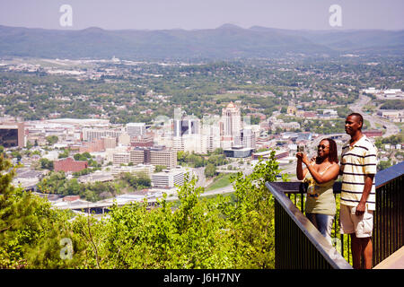 Roanoke Virginia,Mill Mountain Overlook,view,downtown,city,valley,Allegheny Mountains,Blue Ridge,Appalachian,man men male,woman female women,Jamaican, Stock Photo