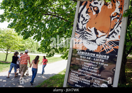 Roanoke Virginia,Mill Mountain Zoo,entrance,front,sign,logo,admission hours,family families parent parents child children,walking,visitors travel trav Stock Photo
