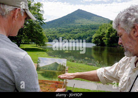 Blue Ridge Parkway Virginia,Appalachian Mountains,Peaks of Otter,Milepost 86,Sharp Top Mountain,Lodge,Abbott Lake,Art Fest,man men male,artist,paintin Stock Photo