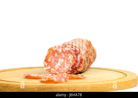 snack time shelf wooden board salami sausage snack time wood disc shelf discs Stock Photo