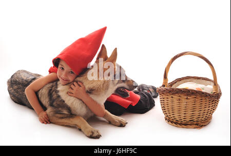 small tiny little short riding wolf hood child red laugh laughs laughing twit Stock Photo