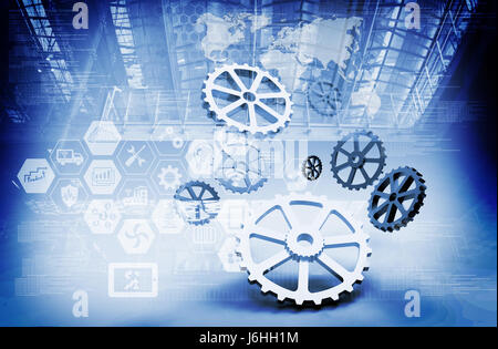 Industrial 4.0 and engineer concept . Gears , industry infographic icons abstract blue tone technology background , 3d rendering Stock Photo