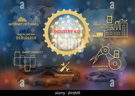 Industrial 4.0 concept , Gears , Internet of thins network , smart factory solution , Manufacturing technology , automation robot, digitalization icon Stock Photo
