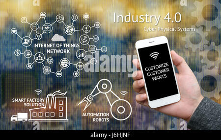Industrial 4.0 concept. Customer use mobile phone to customize products and icon of internet of things network , Automation robots , Smart factory wit Stock Photo