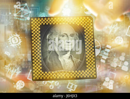 Fintech Investment Financial Internet Technology Concept. Computer Cpu , US dollar note , computer mainboard , icon , finger and abstract background , Stock Photo