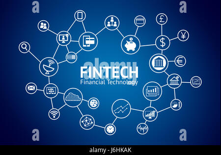 Fintech concept. Icons of financial technology, bank , world currencies , graph , smart phone , investment , technical chart , cloud network , interne Stock Photo