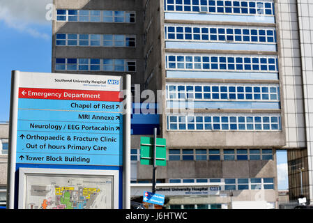 Southend University Hospital, Essex, UK information board with emergency department, chapel, mri, neurology, orthopaedic, fracture clinic directions Stock Photo