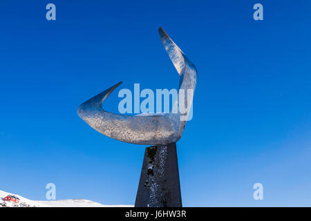 'Boreas' sculpture (1971), also called 'Nordenvinden', by Erling Saadtvedt stands near the pier in Honningsvåg, Finnmark County, Norway. Stock Photo