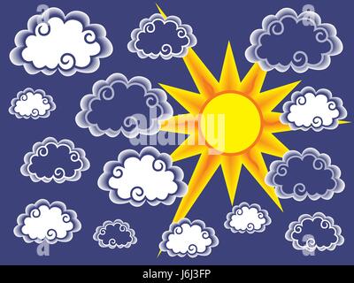 Dark and light stylized clouds and sun over blue background, vector illustration Stock Vector