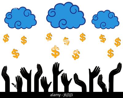 Dollar Money falling from the clouds in the human hands, stylised conceptual vector illustration Stock Vector