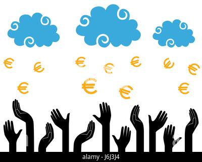 Euro Money falling from the clouds in the human hands, stylised conceptual vector illustration Stock Vector