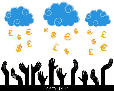 Dollars, Pounds and Euro falling from the Heaven in the human hands, stylised conceptual vector illustration Stock Vector