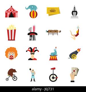 Circus entertainment icons set, flat style Stock Vector