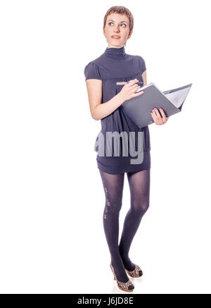 Young woman taking notes holding folder and pen isolated on white Stock Photo