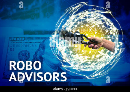 Robot advisors concept and investing concept , Robot and human holding hands with handshake , world wireframe symbol , text with blue dollar note back Stock Photo
