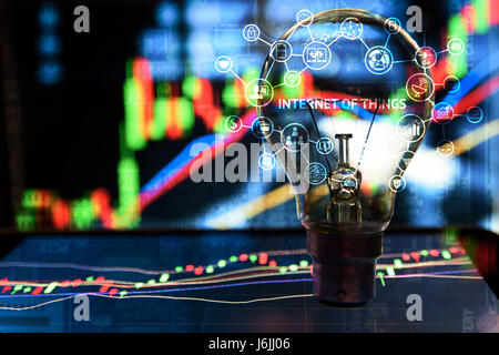 Internet of things , iot technology concept. Light bulb stand on graph tablet screen with stock market graph background , idea concept Stock Photo