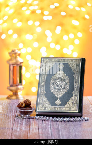 Traditional Islamic Ramadan Icons Over Defocused Festive Lights Stock Photo