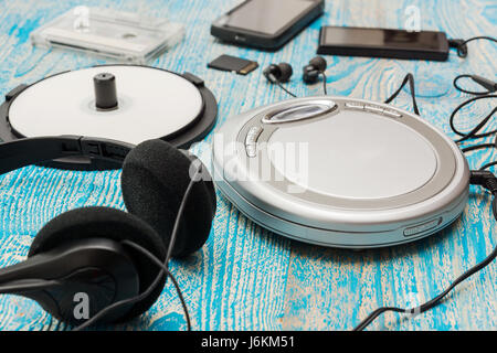 The photo shows a Cd player on a blue background Stock Photo