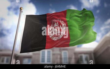 Afghanistan Flag 3D Rendering on Blue Sky Building Background Stock Photo