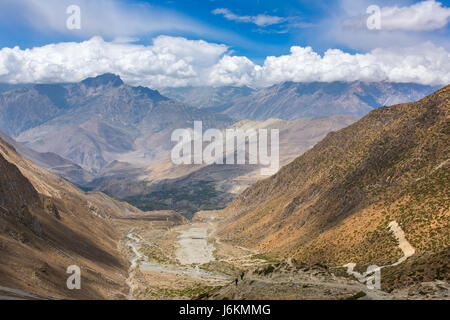 The way down from Thorong La pass. Beautiful mountain landscape in lower Mustang District, Nepal. Stock Photo