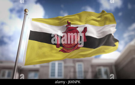 Brunei Flag 3D Rendering on Blue Sky Building Background Stock Photo
