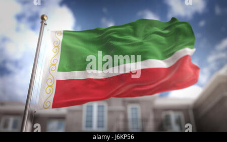 Chechen Republic Flag 3D Rendering on Blue Sky Building Background Stock Photo