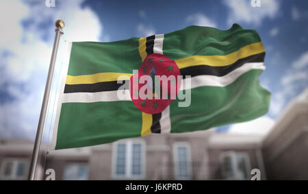 Dominica Flag 3D Rendering on Blue Sky Building Background Stock Photo